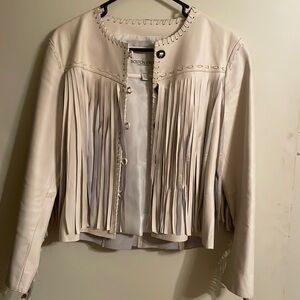Boston Proper white leather crop jacket with full fringe
